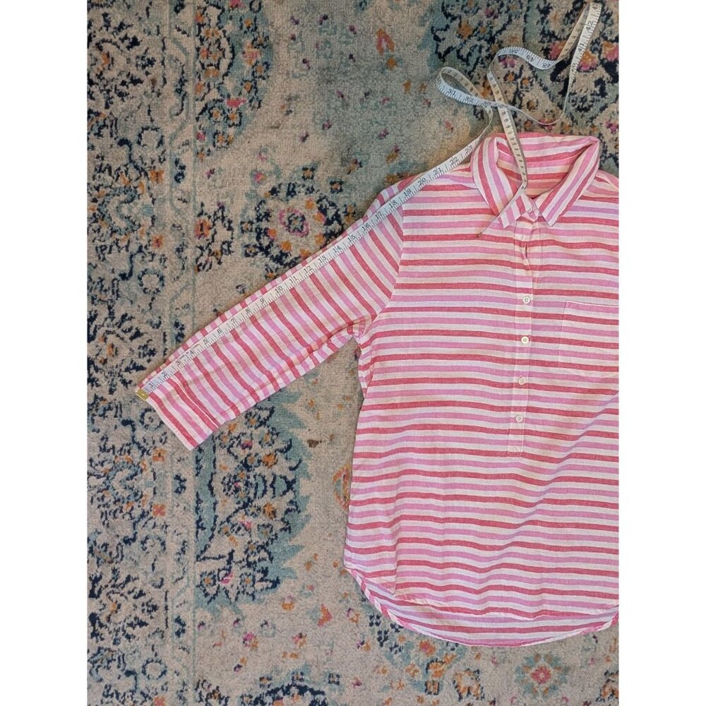 Gap Pink and White Striped Linen Cotton Blend Popover Top w/ Roll Tab Sleeves: S - Picture 9 of 11
